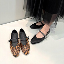 舒适平底浅口气质马毛乐福鞋女2025秋新款一字带豹纹玛丽珍单鞋女