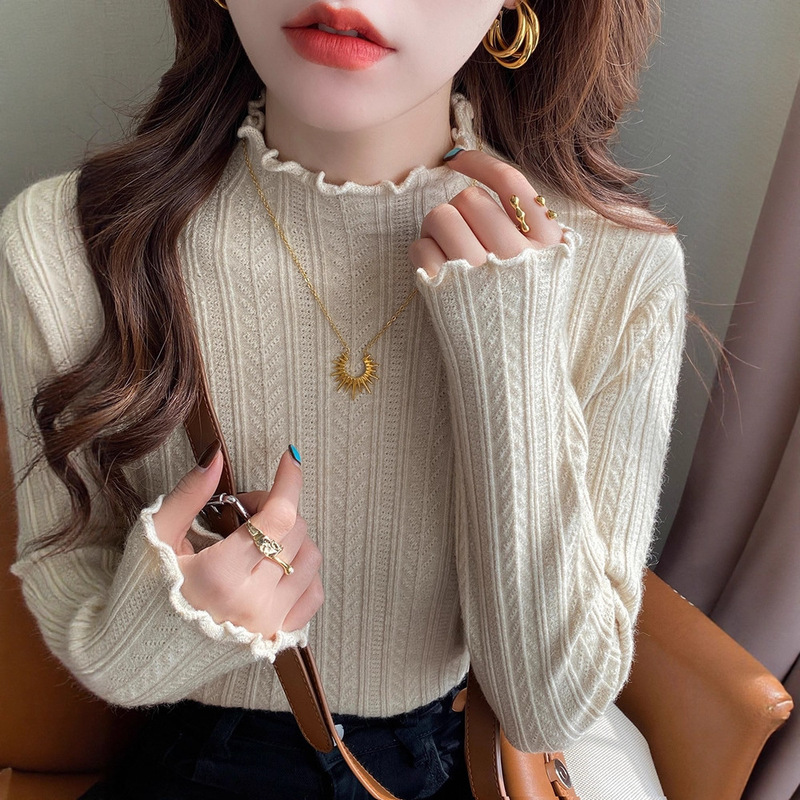 White Base Shirt for Women, Autumn and Winter 2024 New Style, Half-High Collar, Ruffled Edge Knit Sweater, Mid-Neck Long-Sleeve Sweater