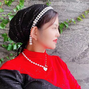 Sequin Double-Row Pearl Headband Hat for Women Summer and Autumn Style Baotou Hat Cross-Border Dropshipping Wholesale Black Ready Stock