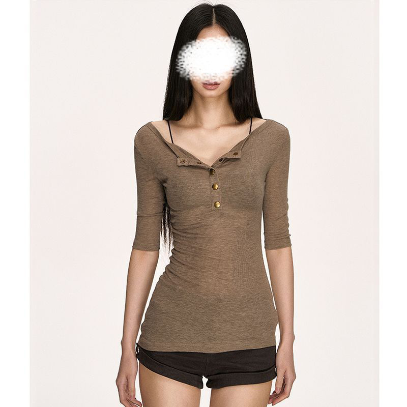 Original Fabric Original Method Half Open Collar Button Bottoming Outer Wear Mid-Sleeve T-Shirt Women's New Summer Slim Top