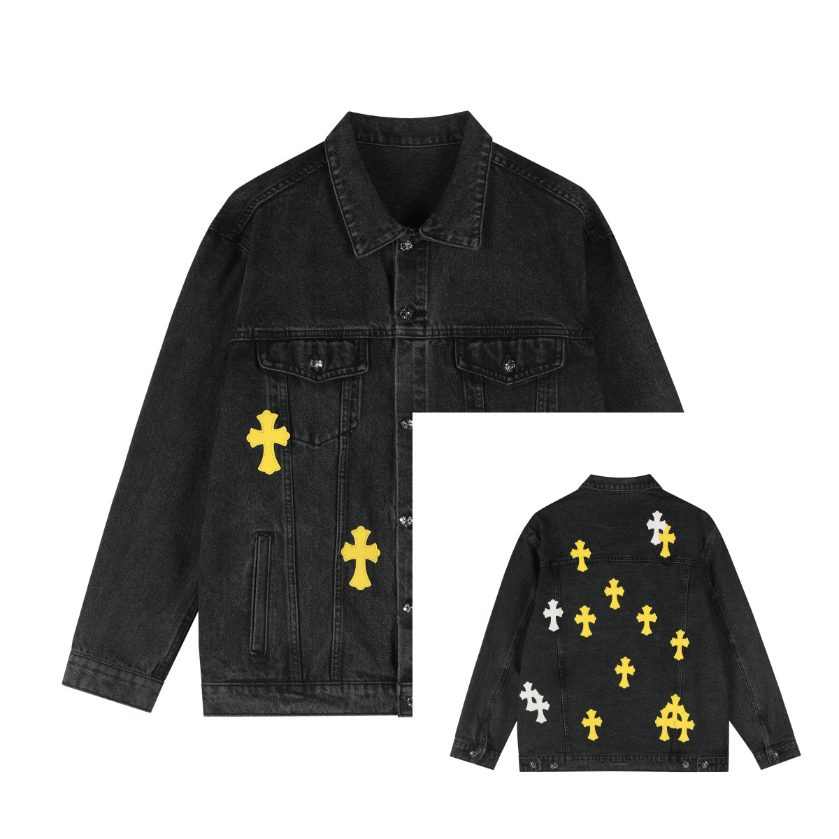 2025 Spring and Autumn New Style Horseshoe Sanskrit Embroidery Washed Frayed Heavy Industry Denim Tops for Men and Women Same Style One Piece Dropshipping