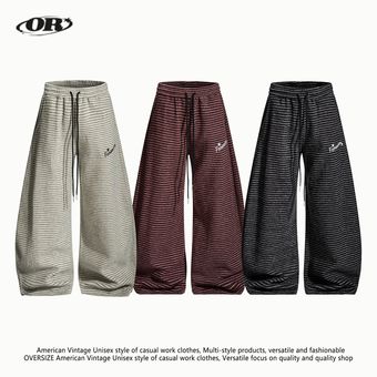 OREETA丨美式复古慵懒感条纹阔腿休闲裤男女落地垂感宽松弯刀卫裤