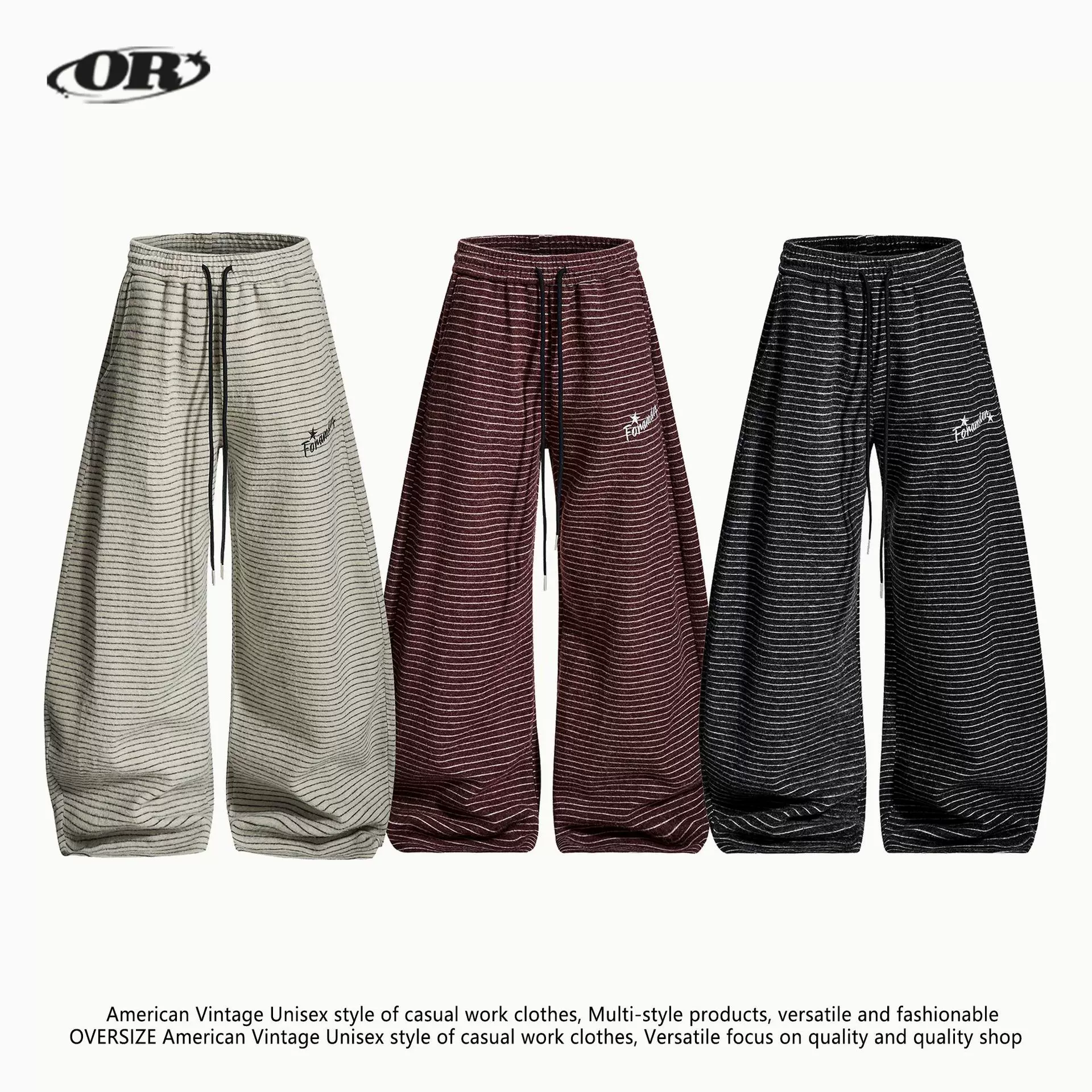 OREETA丨美式复古慵懒感条纹阔腿休闲裤男女落地垂感宽松弯刀卫裤