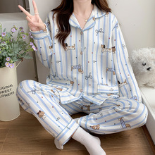 空气棉夹层睡衣女秋冬季新款可爱条纹卡通开衫长袖加厚家居服套装