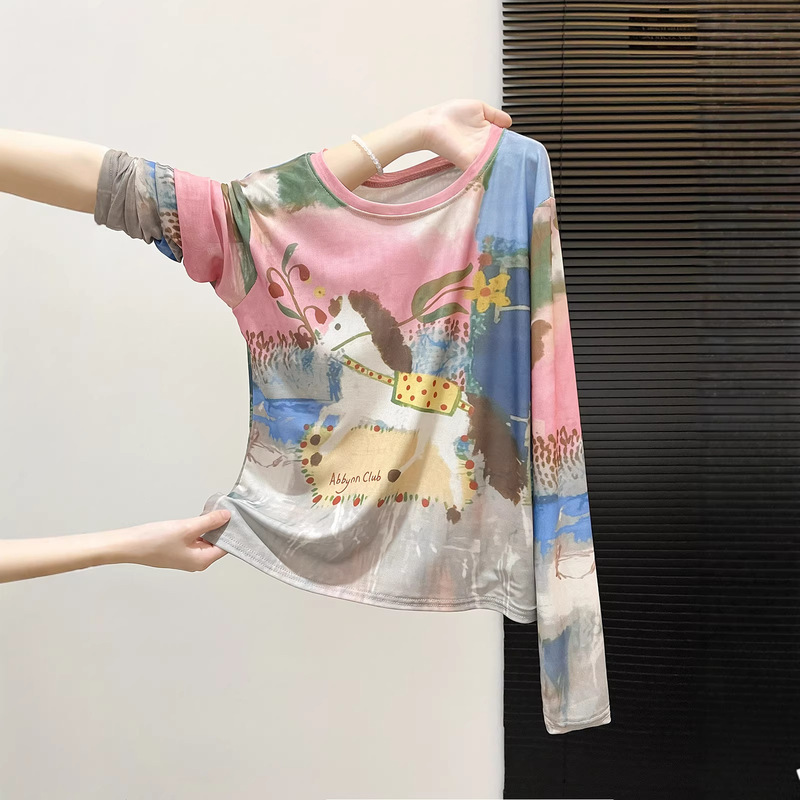 Printed Mesh Tie-Dye Long-Sleeve Sun Protection Cover-Up T-Shirt for Women, New Spring/Summer Style, Slimming Design, Stylish Base Top Printed Mesh Tie-Dye Long-Sleeve Sun Protection Cover-Up T-Shirt for Women, New Spring/Summer Style, Slimming Design, Stylish Base Top