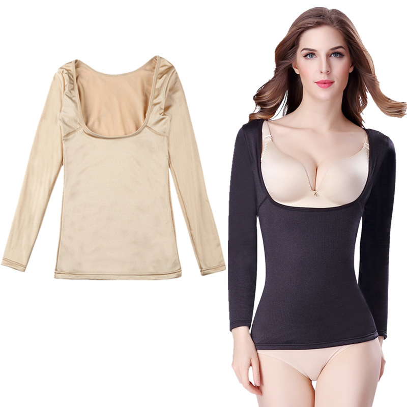Factory Direct Thermal Underwear Women's fleece-lined Thickened Low-cut Chest Tight Body Shaping Body Long Sleeve Base Shirt Autumn Clothes