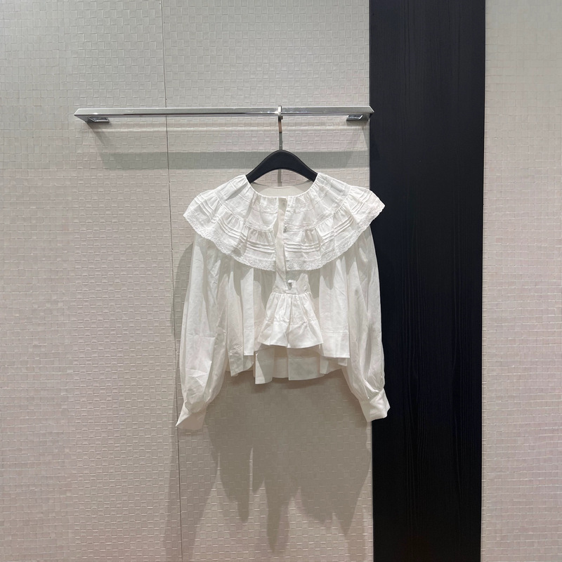 2026 Spring/Summer French-style girly lace ruffle collar lantern sleeve doll-style irregular hem hollow-out women's shirt 2026 Spring/Summer French-style girly lace ruffle collar lantern sleeve doll-style irregular hem hollow-out women's shirt