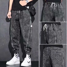 牛仔裤男春秋涂鸦大码韩版潮流百搭哈伦裤时尚慵懒扎染束脚裤子潮