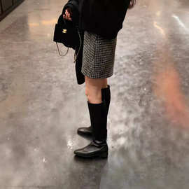 现货2025冬季新款韩版OU*CE高腰显瘦小香风粗花呢A字格子半身裙女