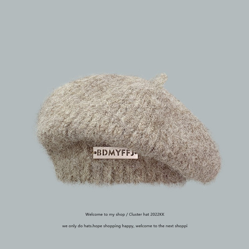 Estilo japonés mohair hierro estándar boina de punto de otoño e invierno de las mujeres cálido sombrero de pintor de felpa cara de aspecto pequeño sombrero de lana