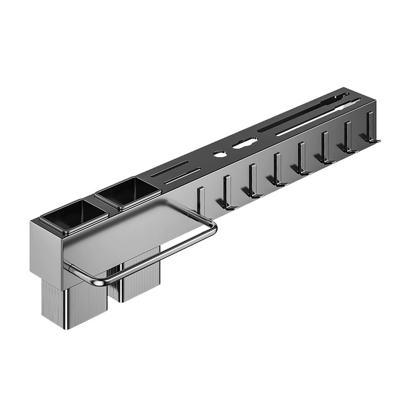 Wall-mounted kitchen storage rack, multi-function utensil holder with hooks and knife slots, 50 cm no-drill