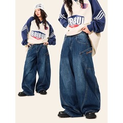 Korean design sense big pocket scimitar jeans for women in spring and autumn new retro hot girl floor wide-leg trousers