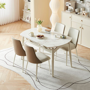 Modern Simple Cream Style Retractable Slate Dining Table French Home Variable Round Table Square and Round Dining Table and Chair Combination