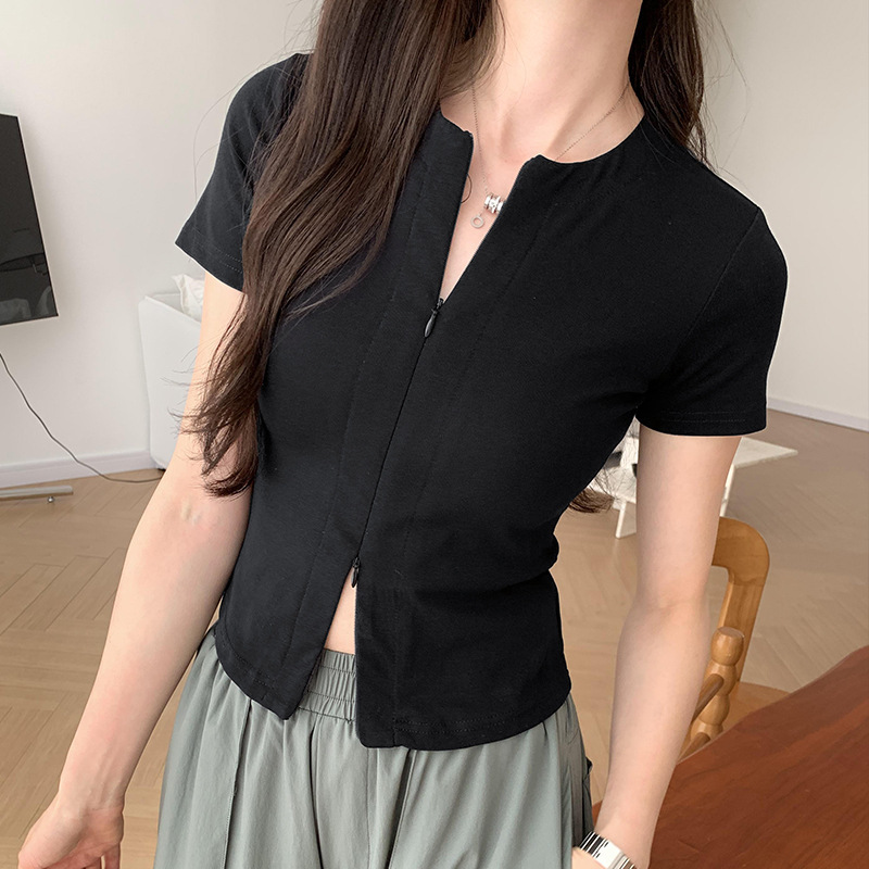 ブランドのヨーロッパのギャルのダブルジッパーのデザイン感のある肩の半袖のカーディガンのtシャツの女性の夏は腰を収めて明らかにやせています。|undefined