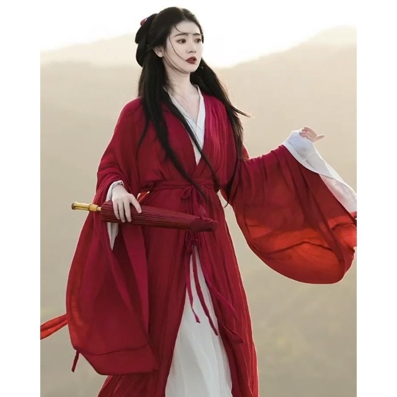 Warring States Robe Red Wei Jin Northern and Southern Dynasties Hanfu Women's National Style Fairy-Like Elegant Ancient Costume Jin-Style Cross-Collar Ru Skirt with Large Sleeves Shirt