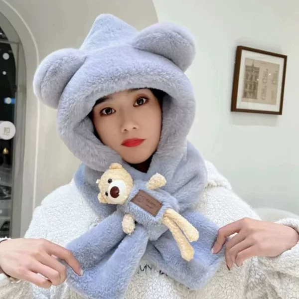 Winter Sweet Bear Ear Hat and Scarf Set Autumn and Winter Korean Version Versatile Cute Hooded Plush Warm Hat