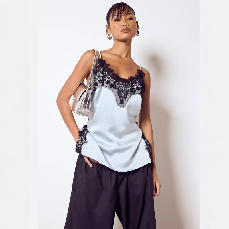 Cross-Border Foreign Trade European and American Style Retro Lace Top for Women, Summer V-Neck Lace Sexy Acetate Satin Shirt Cross-Border Foreign Trade European and American Style Retro Lace Top for Women, Summer V-Neck Lace Sexy Acetate Satin Shirt
