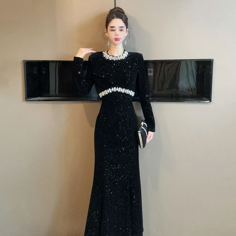 European-style Black For Women, Spring Collection, Heavy-duty Rhinestone Embellished Party Gown, Light Luxury Fishtail_ecoleips.com