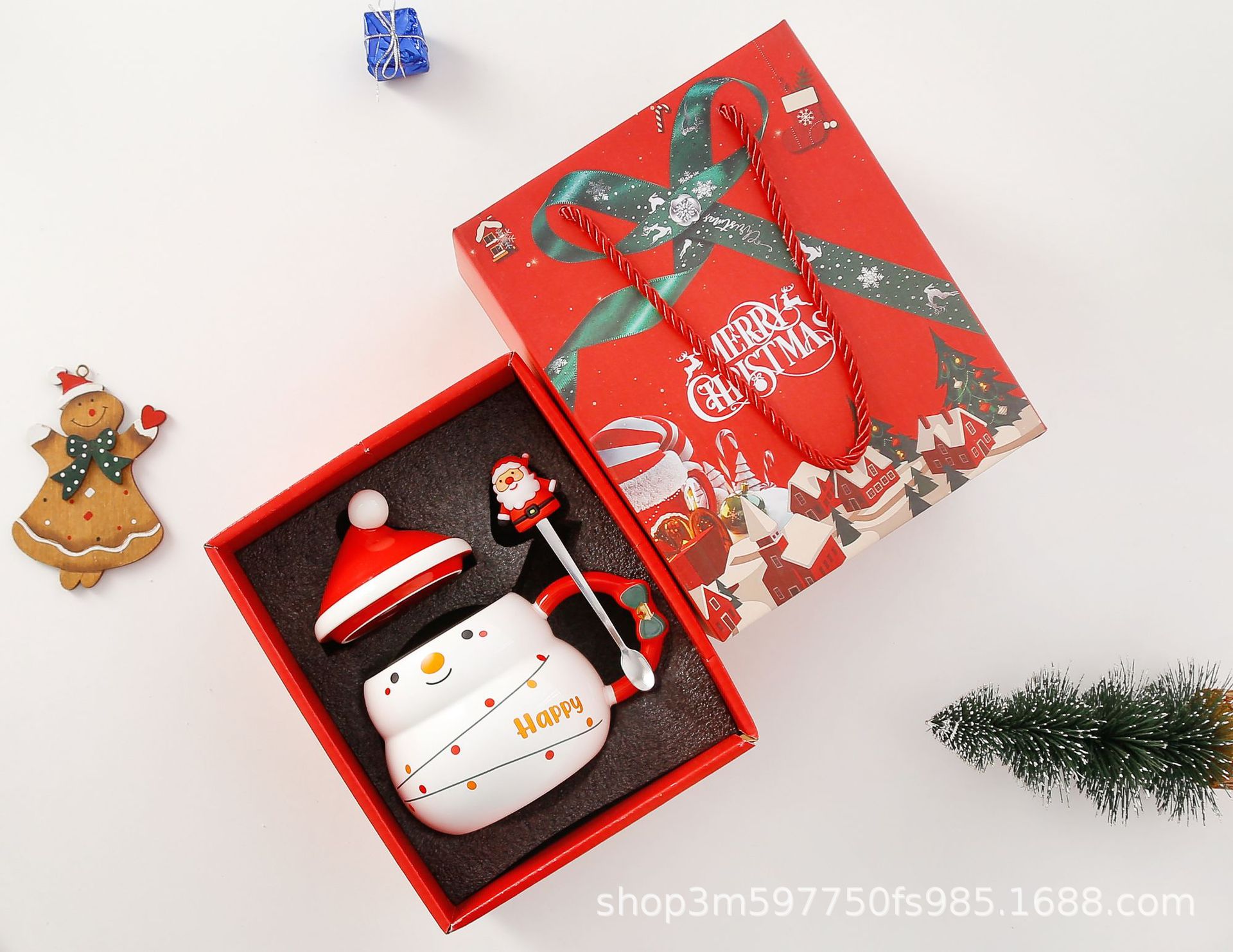 Taza de cerámica de Navidad creativa con tapa cuchara nuevo transfronterizo de dibujos animados de Santa Claus taza de agua taza de regalo caja de regalo