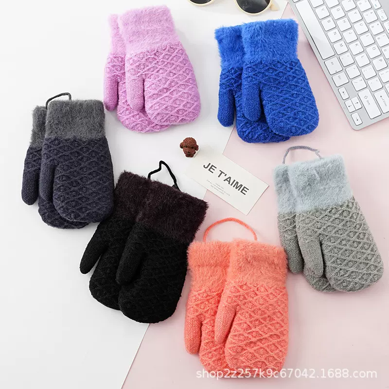 手套冬季女生挂脖保暖加绒加厚防风学生儿童连指防冻手套可爱卡通