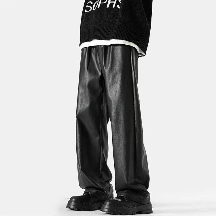 Autumn Retro Hong Kong Style High-End PU Leather Casual Pants for Men, High-Waisted Straight Leg Wide-Leg Pants, Floor-Length Pants