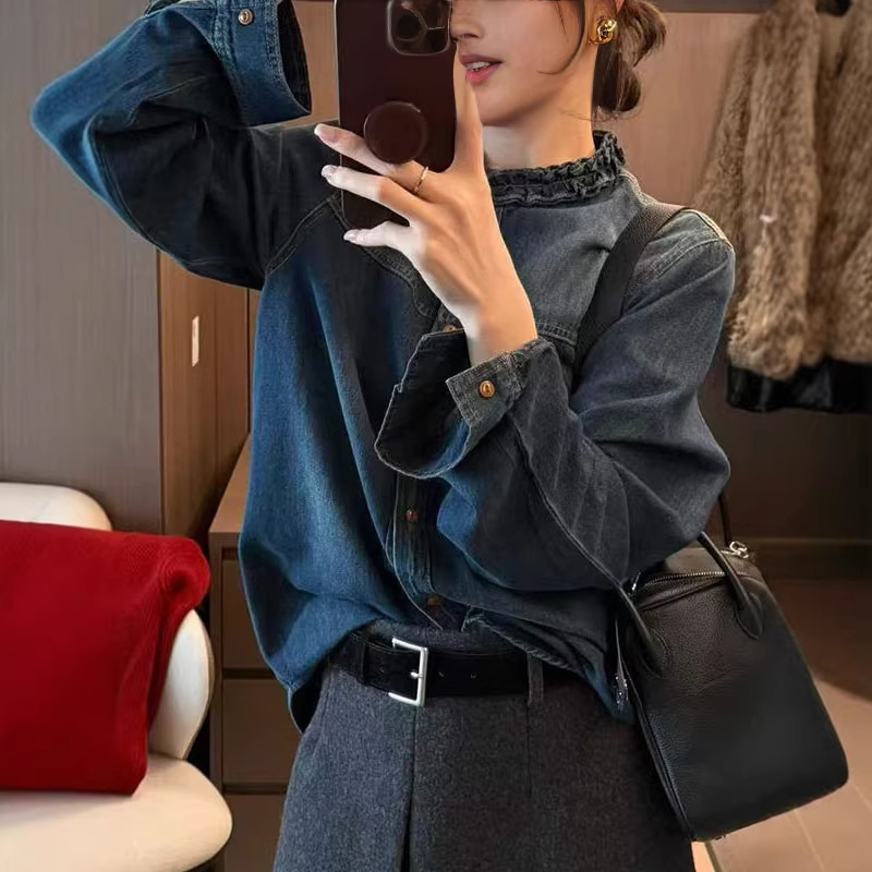 Denim Shirt for Women 2026 Early Spring New Korean Style Fashionable Casual Lace Collar Stylish Versatile Long-Sleeve Top for Work Denim Shirt for Women 2026 Early Spring New Korean Style Fashionable Casual Lace Collar Stylish Versatile Long-Sleeve Top for Work