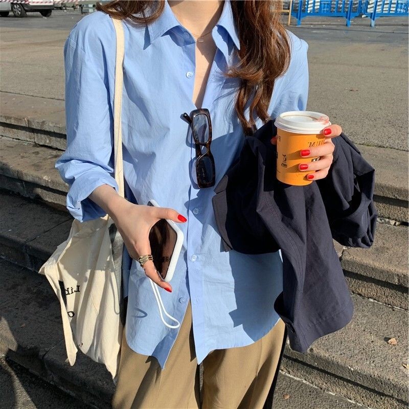 Spring Women's Clothing Hong Kong Style Light Blue Shirt Women's Long-Sleeved Outer Wear Loose Slimming Korean Style Student Shirt Top Fashionable Spring Women's Clothing Hong Kong Style Light Blue Shirt Women's Long-Sleeved Outer Wear Loose Slimming Korean Style Student Shirt Top Fashionable