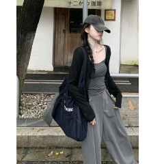 小众条纹吊带辣妹套装女早秋新款短款长袖黑色开衫外套上衣两件套