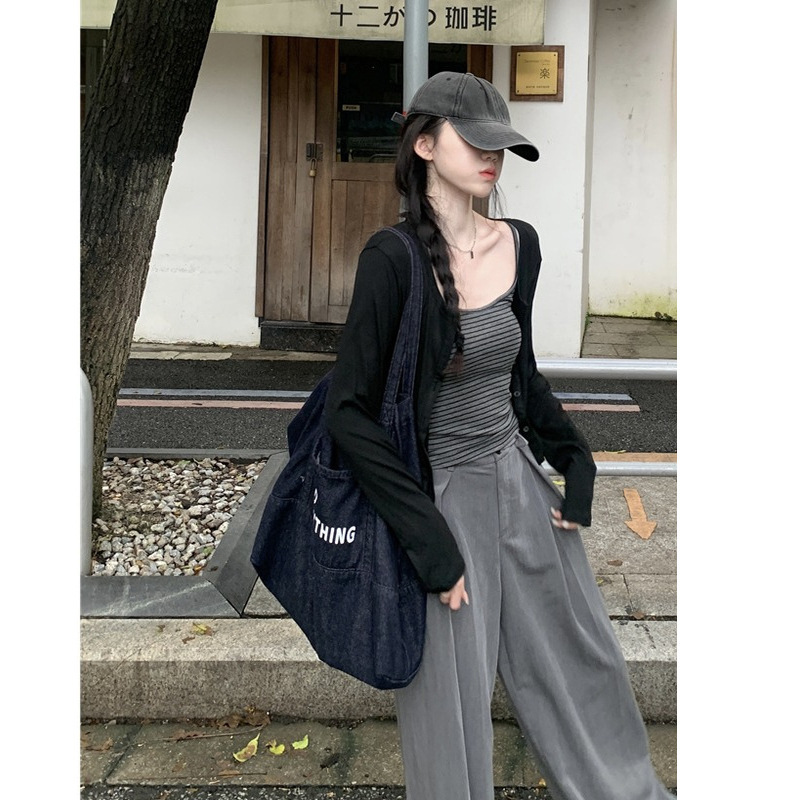 Niche Striped Camisole Hot Girl Outfit Women's Early Autumn New Short Long-Sleeved Black Cardigan Jacket Top Two-Piece Set