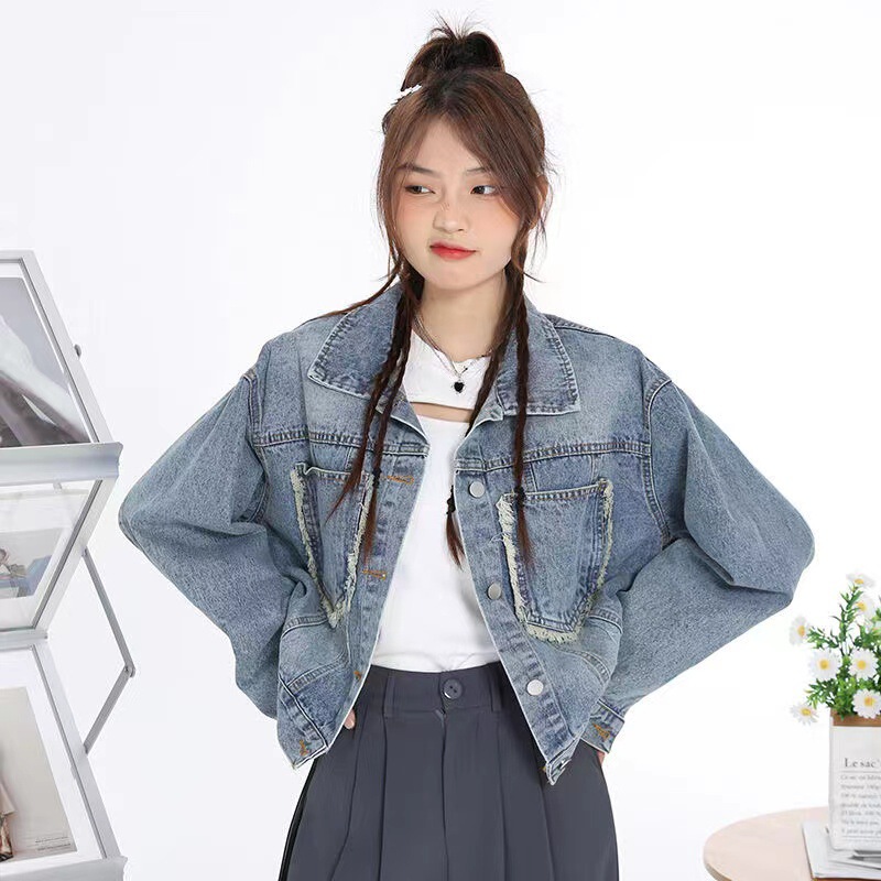 French Retro Distressed Fur-beard Small Women's Denim Jacket Women's 2023 Korean-style Spring and Autumn Women's All-match Jacket Trendy French Retro Distressed Fur-beard Small Women's Denim Jacket Women's 2023 Korean-style Spring and Autumn Women's All-match Jacket Trendy