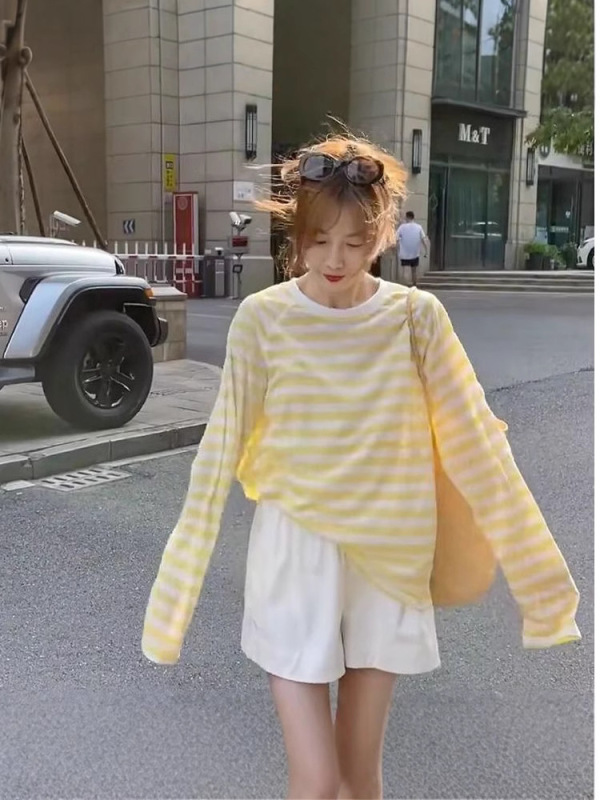 【工場在庫あり】テンセルリブ+ソロナコントラストストライプ日焼け止めブラウス夏ゆったり薄手Tシャツ|undefined