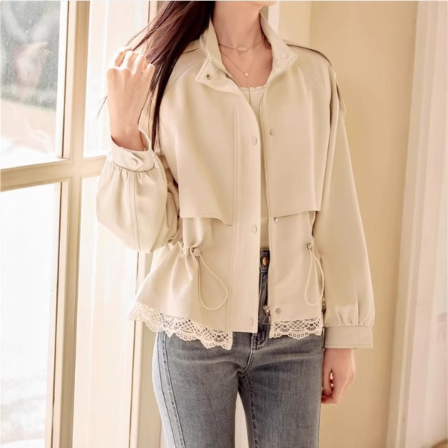 Small Women's Windbreaker Short 2025 Spring New Waist Drawstring Casual Collar Jacket Coat F851053800