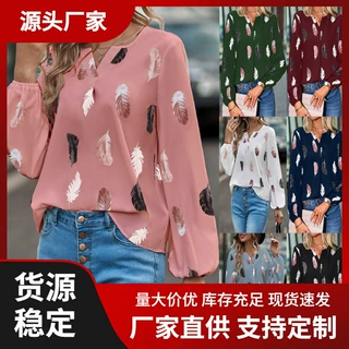 2025新款欧美V领羽毛印花长袖亨利衫