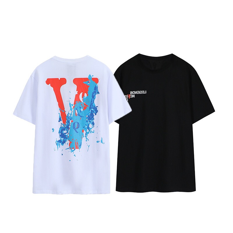 Fashionable Brand Vlone X Juice Wrld 999 Joint Wave Print Big V Short-Sleeved T-Shirt for Men and Women Loose Hip-Hop