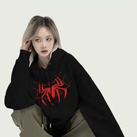 国潮美式复古hiphop蜘蛛侠印花连帽卫衣男女生秋冬季宽松情侣外套