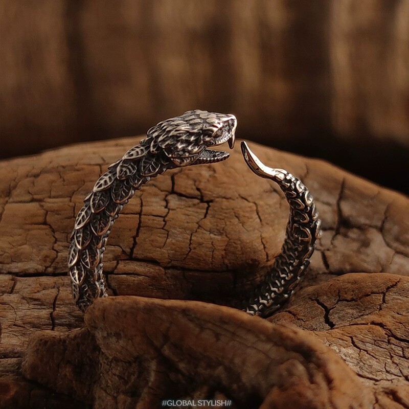 Rattlesnake Ring for Men and Women, Retro Silver Fine Carved Snake Pattern Personalized Poisonous Teeth Trendy Index Finger Ring