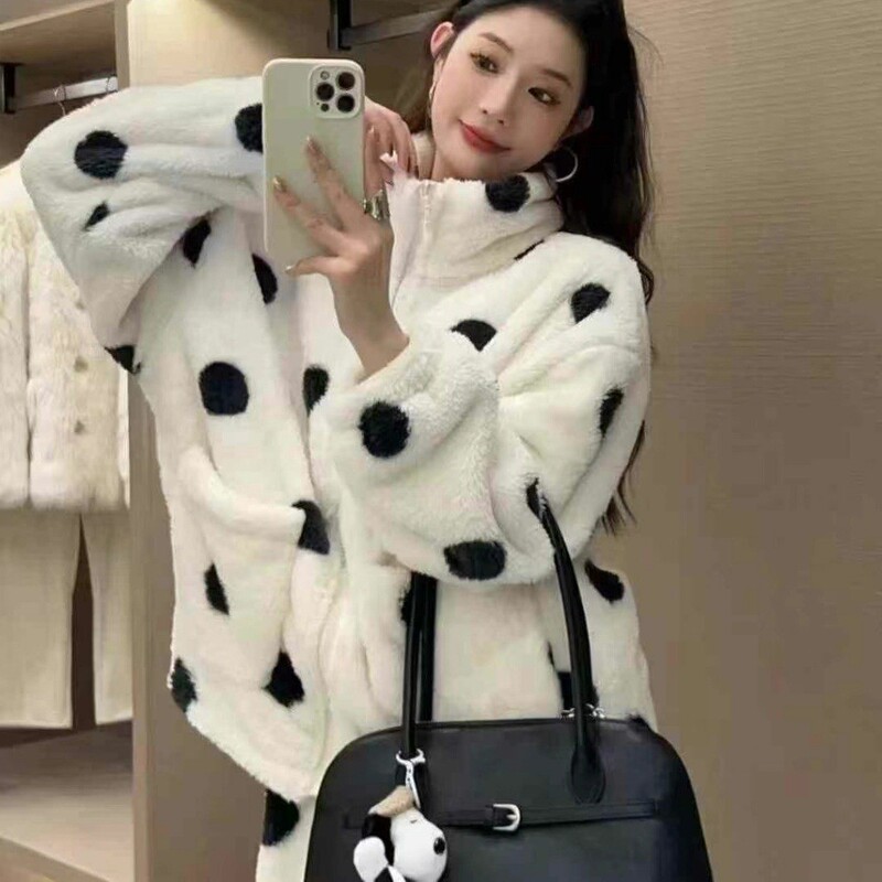 冬季加厚波点立领开衫睡衣女珊瑚绒拉链家居服宽松保暖两件套装女|undefined
