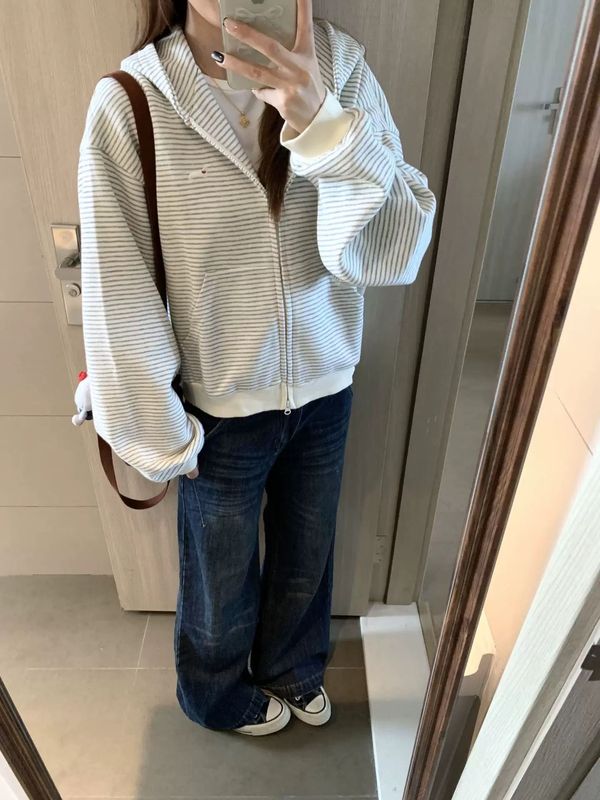 美式复古慵懒风条纹连帽卫衣女春秋2025新款小狗刺绣拉链开衫外套|undefined