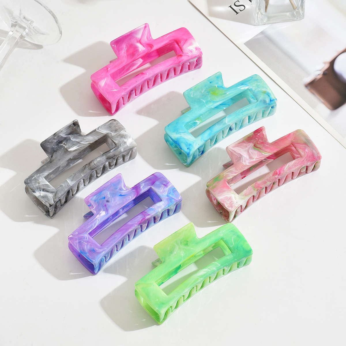 Cross-Border New Textured Colorful Rectangular Grabber Imitation Acetic Acid Hairpin for Women's Summer Hairpin Shark Clip on the Back of the Head