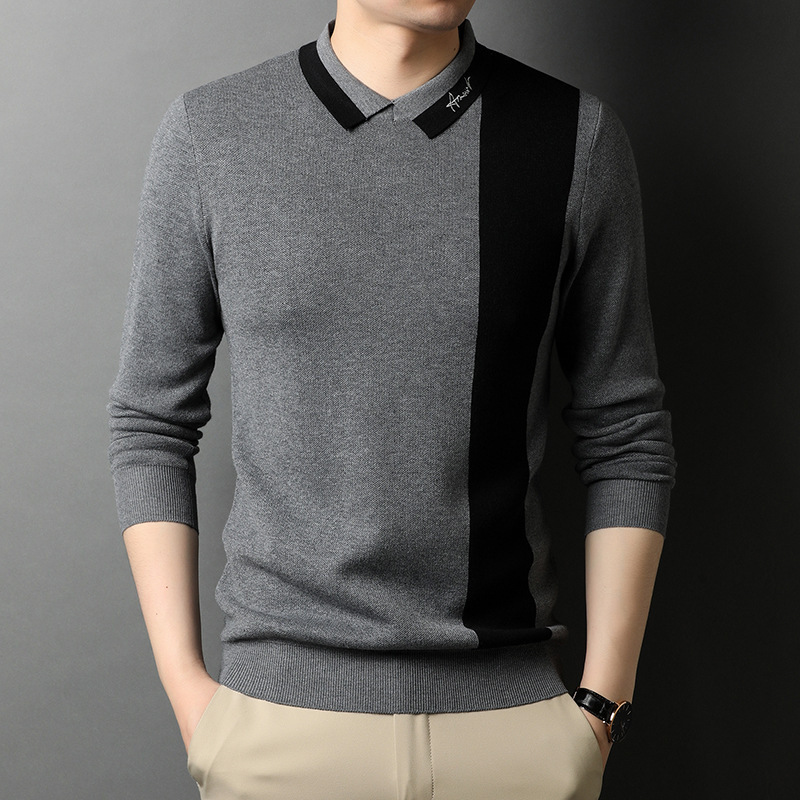 Men's Wool Sweater Fake Two-Piece Autumn New Fashion Color-Block Long-Sleeve Turn-Down Collar T-Shirt Pullover Base Shirt for Middle-Aged Men