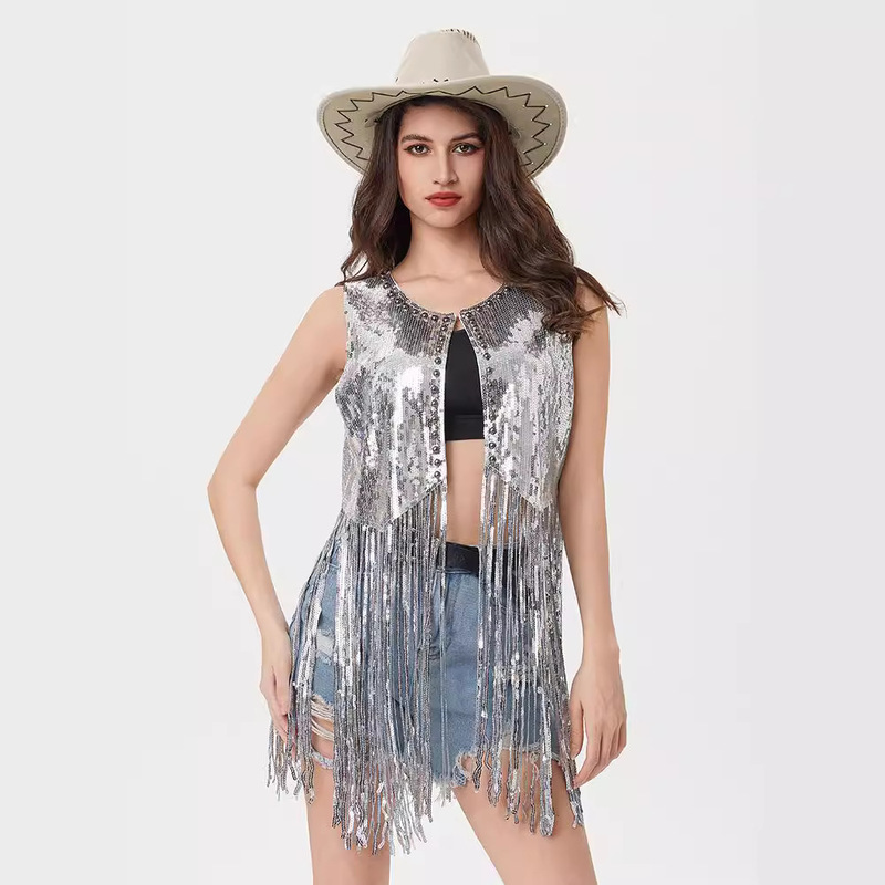 Amazon New Sequin Tassel Jacket Foreign Trade European and American AliExpress Carnival Cardigan Vest Sequin Vest Women's Vest