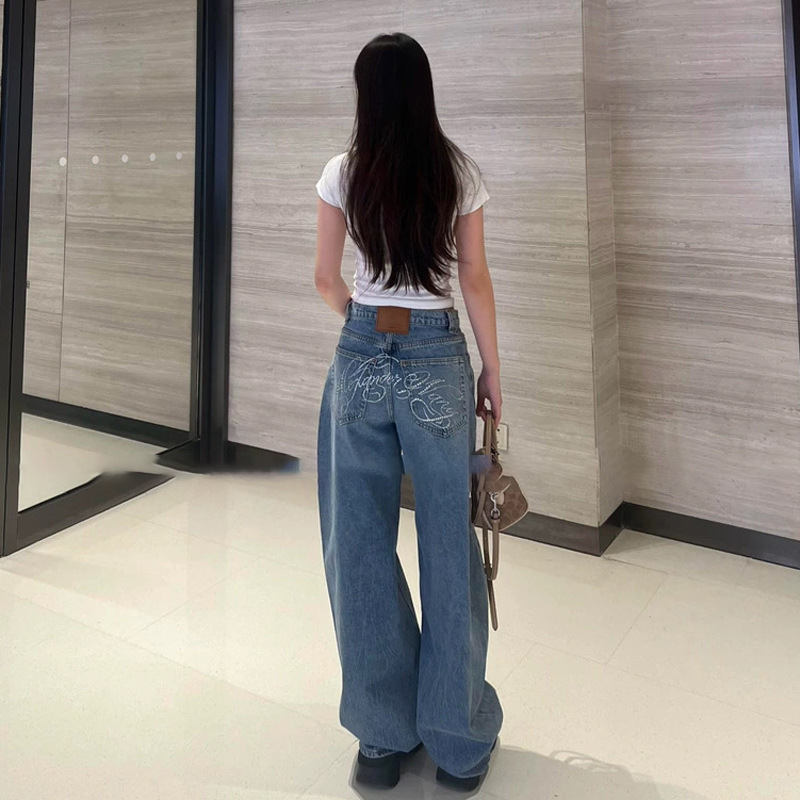 2025秋季新款美式潮牌烫钻字母小众辣妹宽松阔腿裤弯刀牛仔裤女|undefined