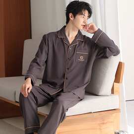 【L-4XL】春秋莫代尔男士长袖长裤开衫翻领睡衣印花休闲男家居服