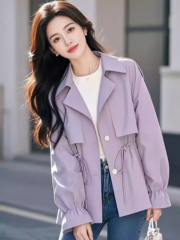 2025 new super good-looking unique beautiful Korean high-end versatile purple short trench coat coat women