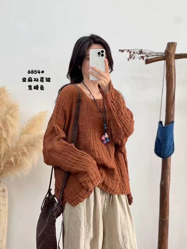 高端肌理亚麻女装宽松百搭T恤女秋季新款文艺范复古风慵懒衬衫女|undefined