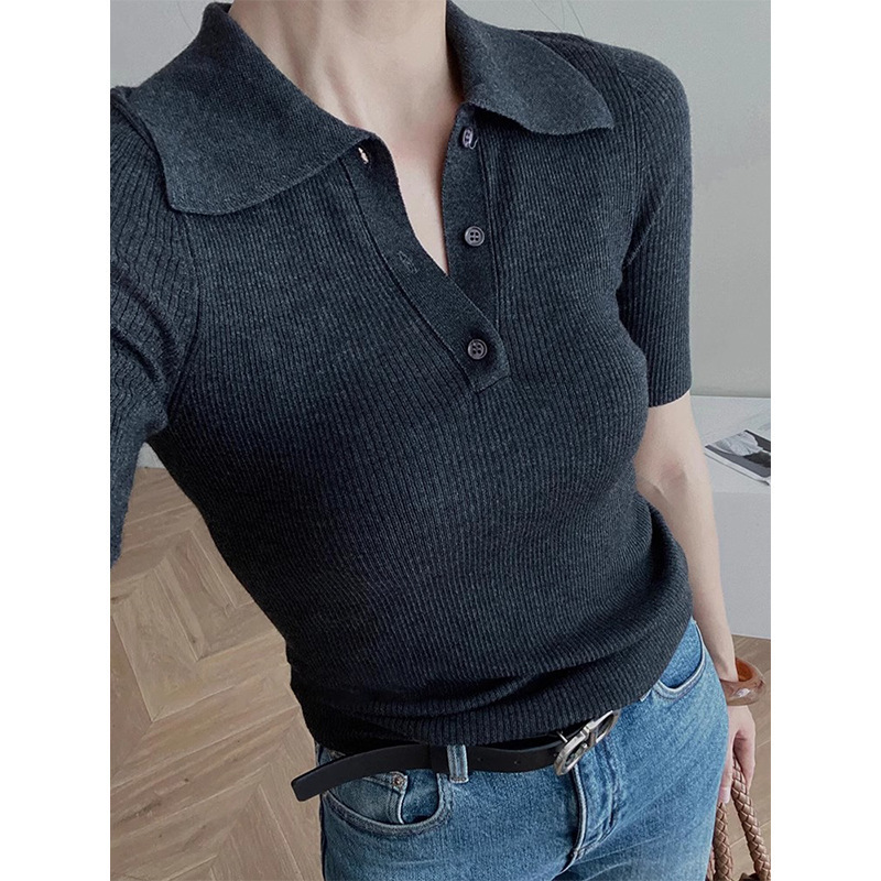 French Polo Collar Grey Short-sleeved Sweater Women's Summer Short High-end Elegant Ice Silk Shoulder T-Shirt Top