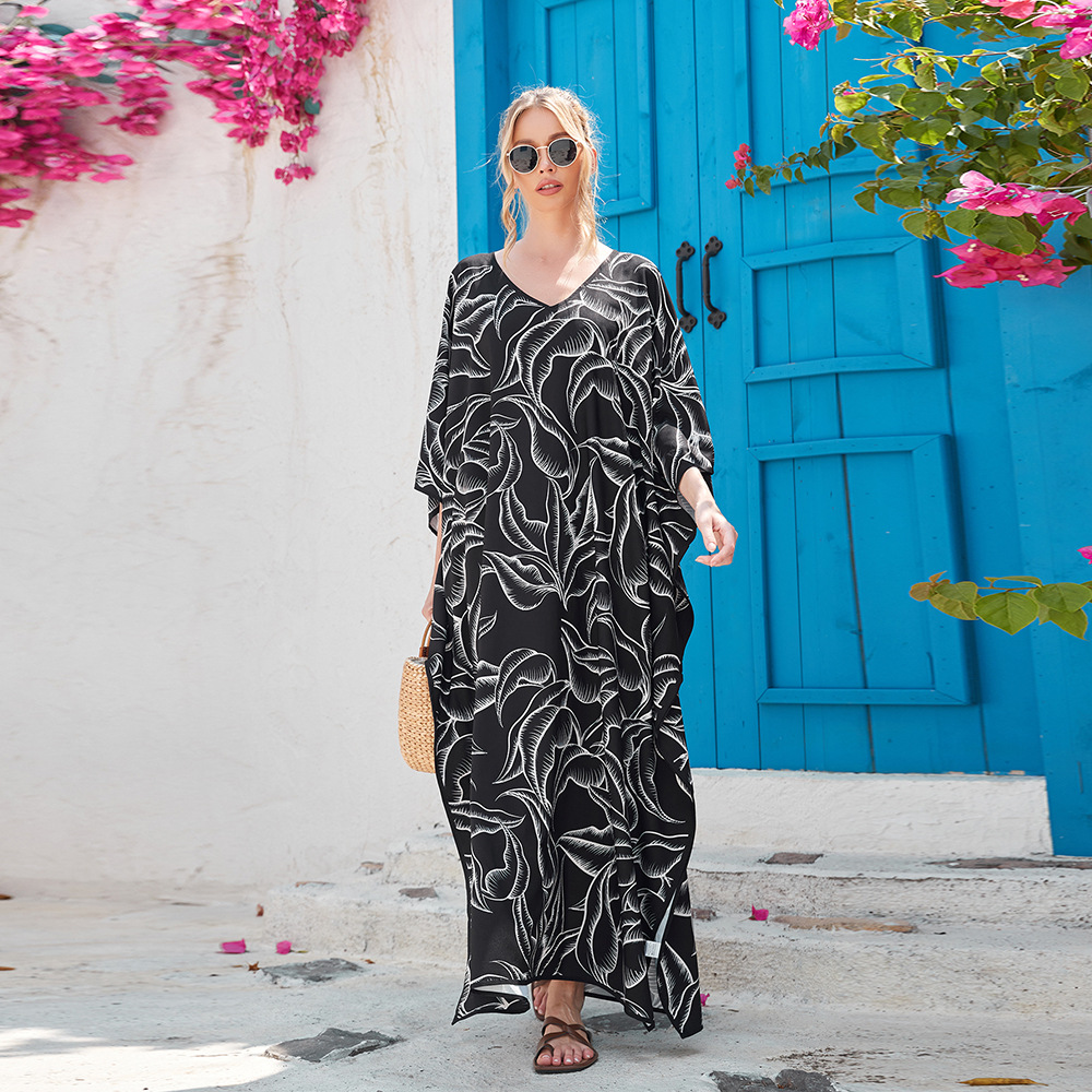 Transfronterizo europeo y americano nuevo impreso con cuello en V playa blusa suelta traje de vacaciones bikini blusa 3909