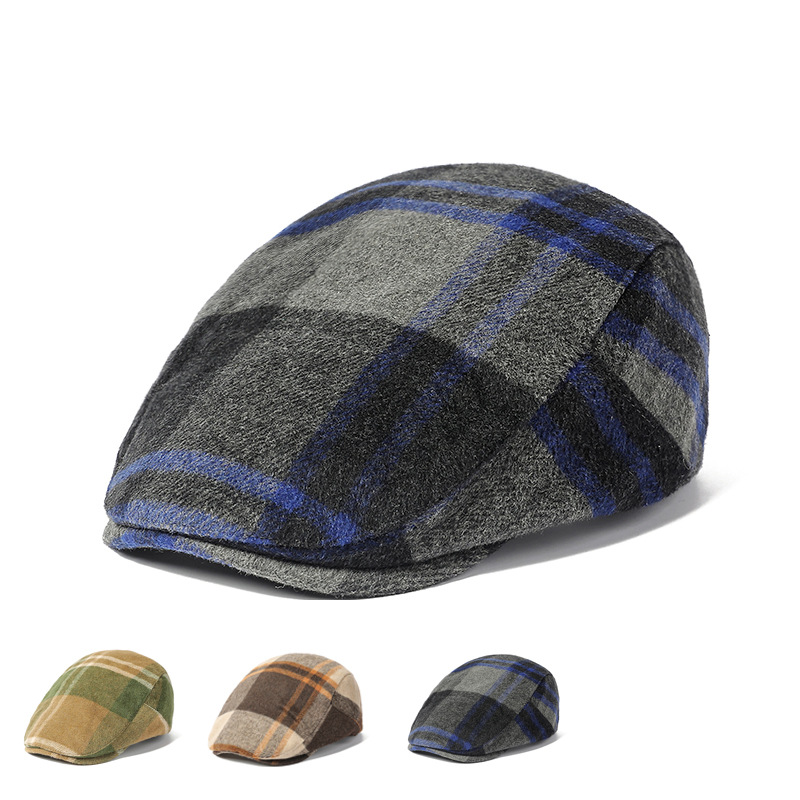 Plaid casquillo enarbolado otoño y el invierno de lana hacia adelante sombrero artístico retro sombrero de los hombres y las mujeres boina Amazon sombrero