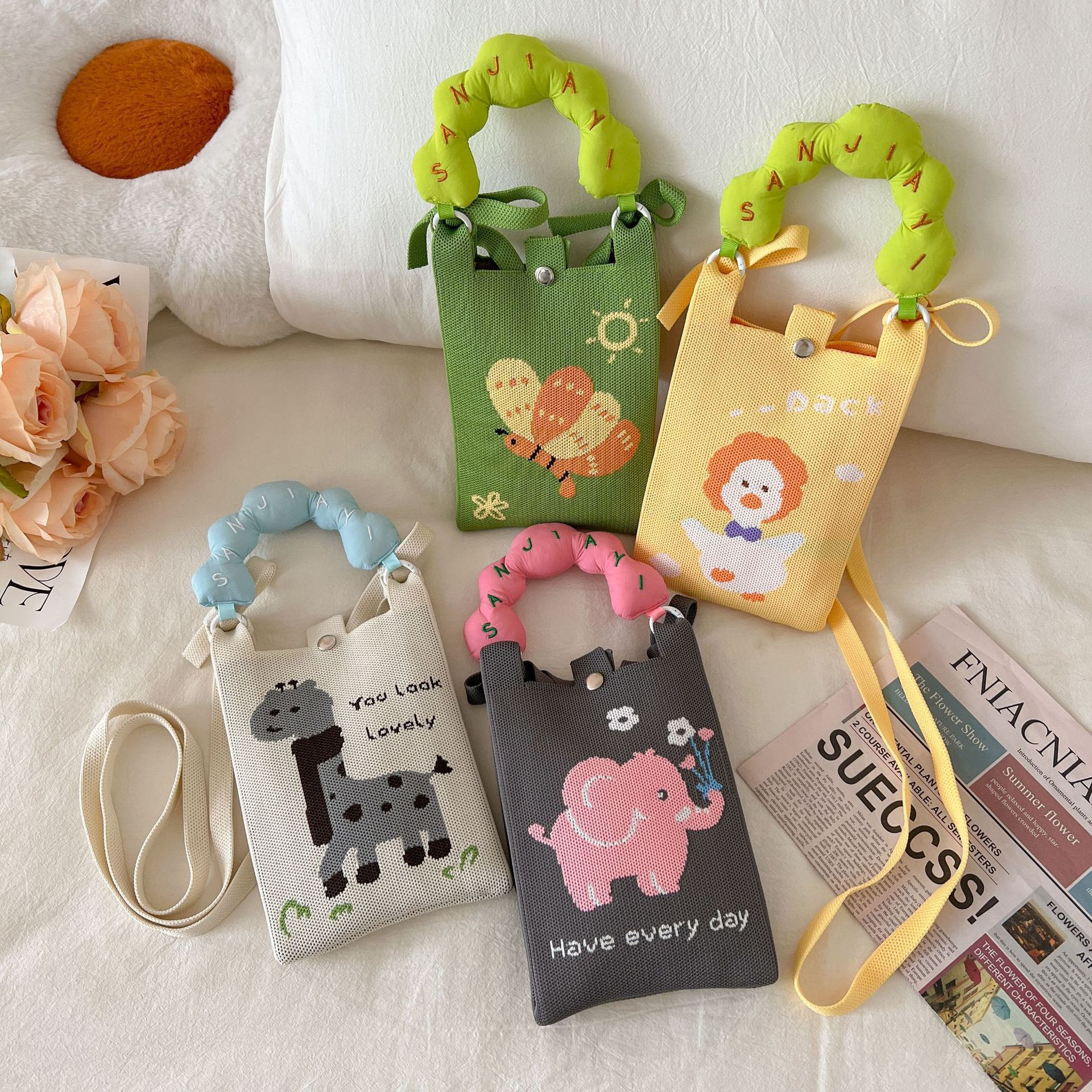 원래 디자인 귀여운 전화 가방 만화 고양이 니트 가방 핸드백 니트 미니 어깨 크로스 바디 동전 지갑