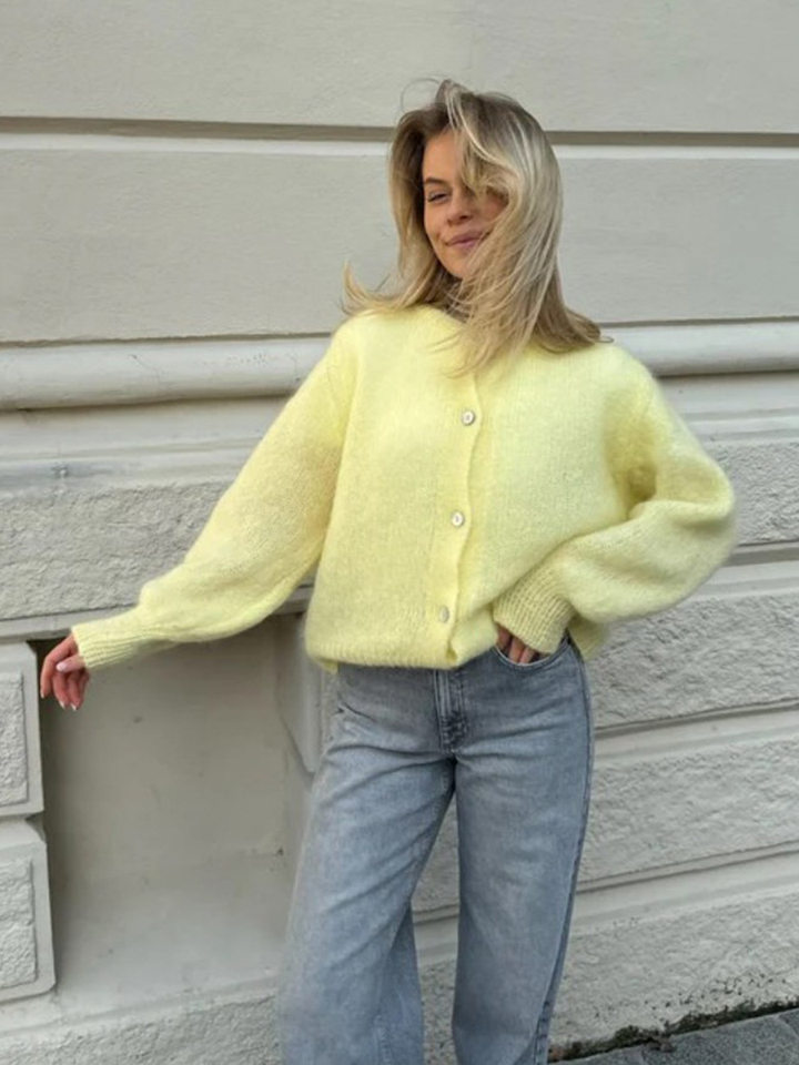 Áo cardigan len dệt kim dáng mỏng nhẹ cài nút một hàng, tay dài cổ tròn nữ — hoa hồng đỏ, màu be, màu cam, màu hoa cà chi tiết 21